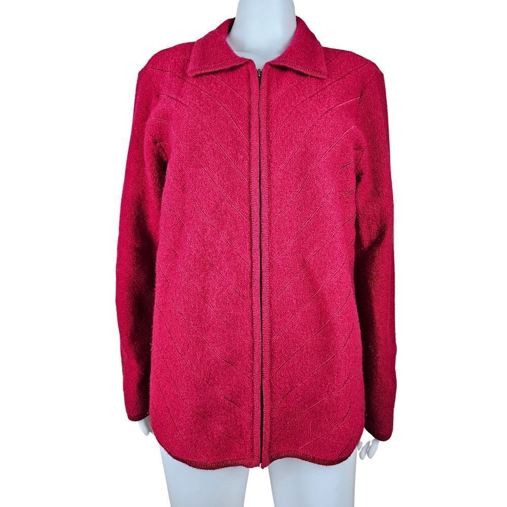 C.J. Banks XL 100% Wool Red Zip Up Long Sleeve Winter Coat Jacket Sweater